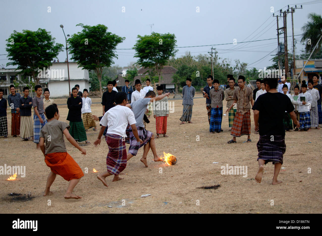 Some students play Fire Football tradition in islamic boarding house ...