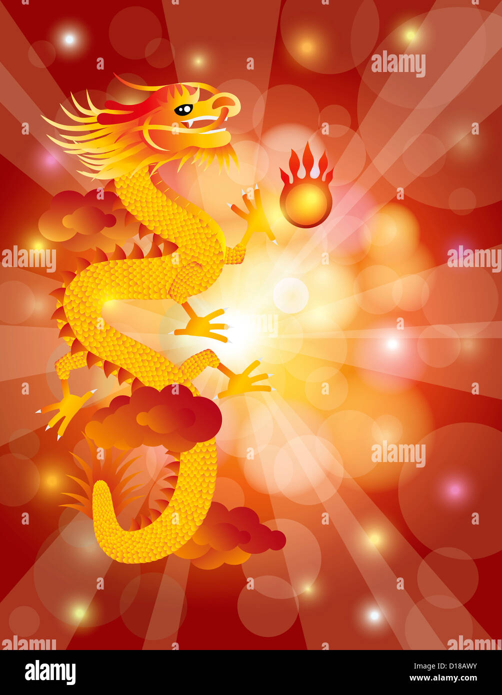 Chinese Lunar New Year Dragon With Flaming Pearl On Clouds And Red 