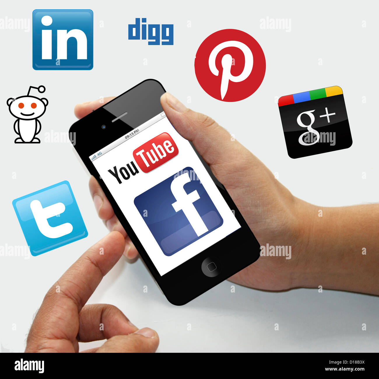 A concept image showing the various social networking options available to the Internet mobile iphone user Stock Photo