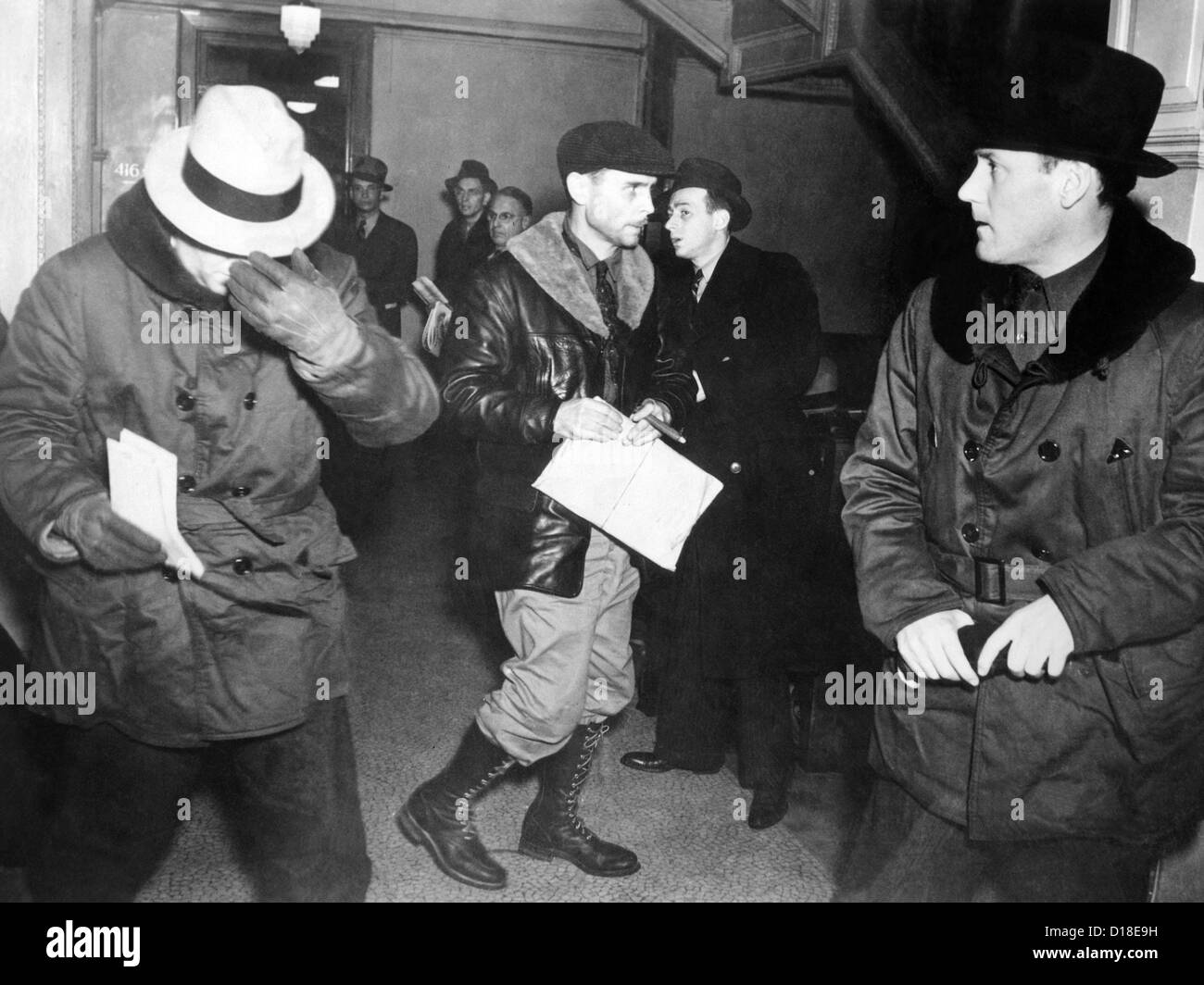 J. Edgar Hoover arriving in St. Paul, Minn. at the tragic end of the Charles S. Ross Kidnap case. After collecting a $50,000 Stock Photo