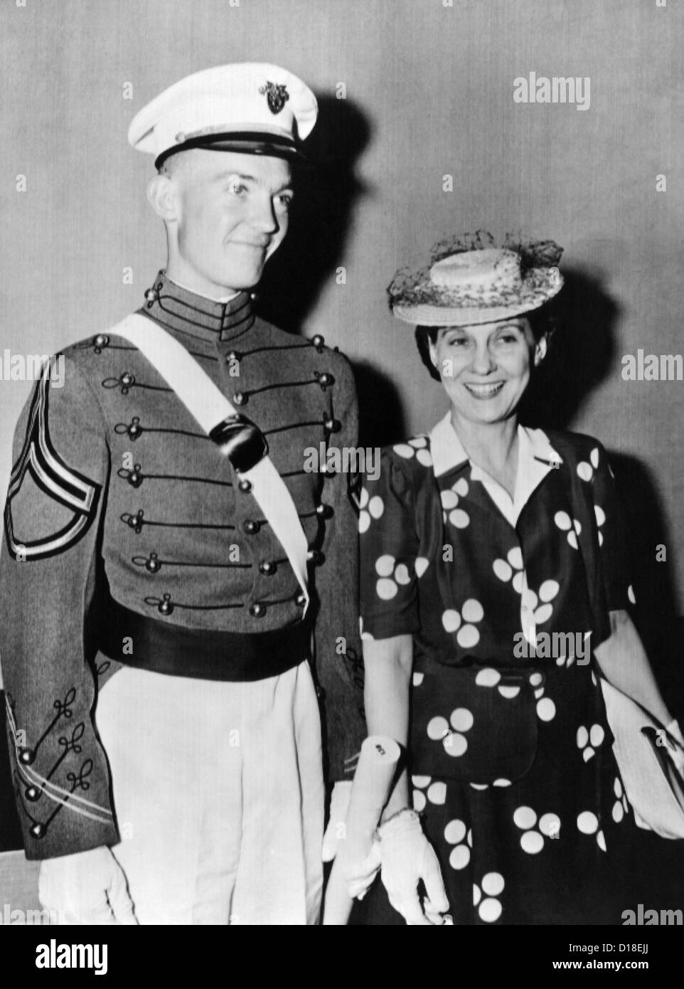 Mrs. Dwight D. Eisenhower smiles proudly with 22 year old John after he graduated from West Point on June 6, 1944. On the same Stock Photo