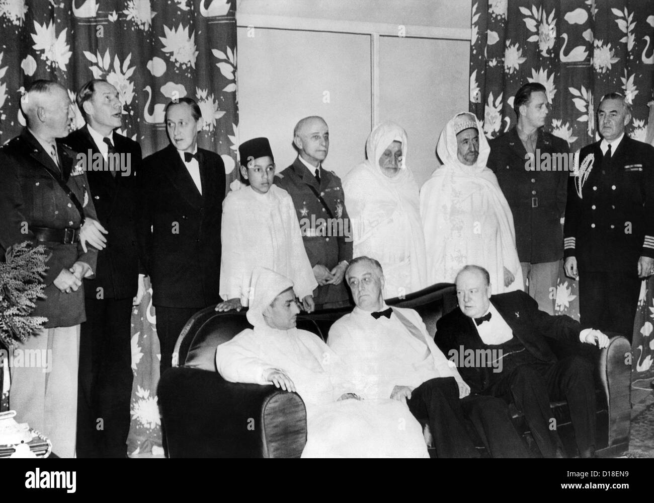 Allied Nations War Strategy Conference in Casablanca, French Morocco, Feb. 1, 1943. L-R, seated: The Sultan; President Franklin Stock Photo