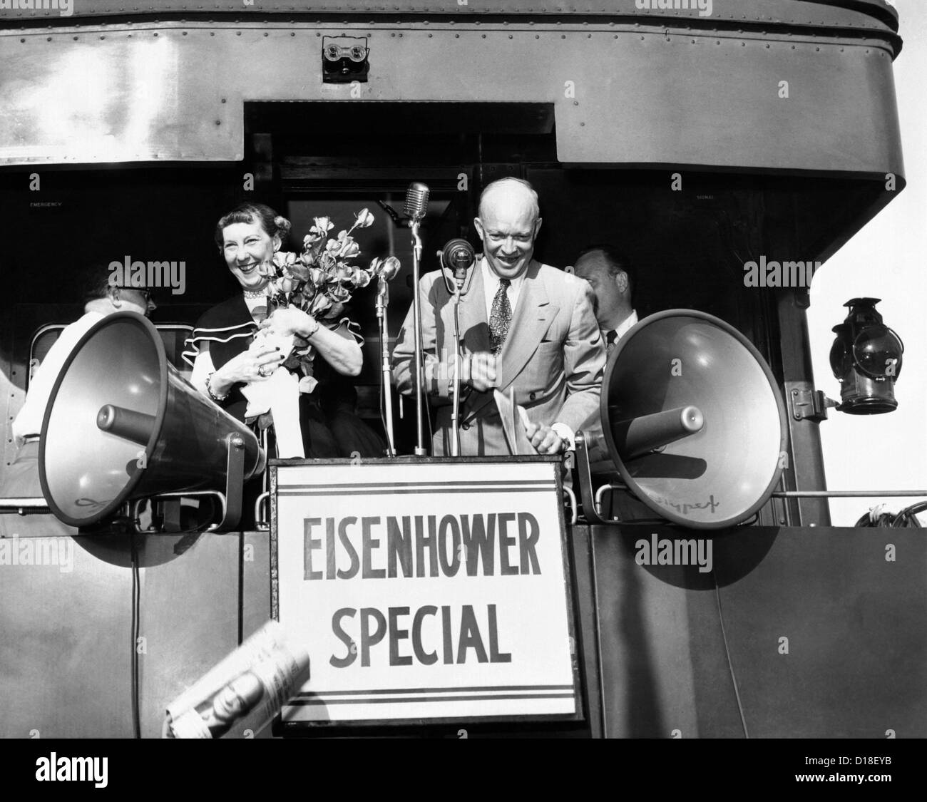 Republican candidate for president Dwight Eisenhower and his wife campaigning on the Eisenhower Special during 1952 election. Stock Photo