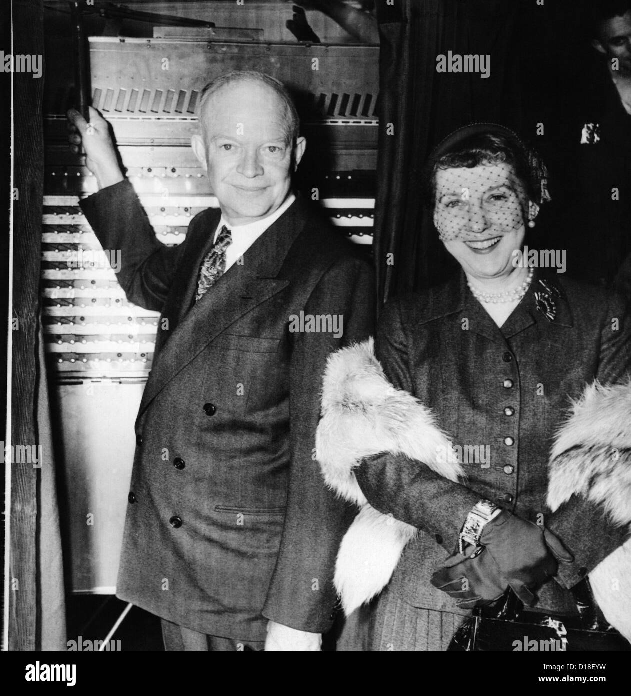 Republican Presidential nominee, General Dwight Eisenhower, with his wife Mamie, voting in the 1952 election. (CSU ALPHA 287) Stock Photo