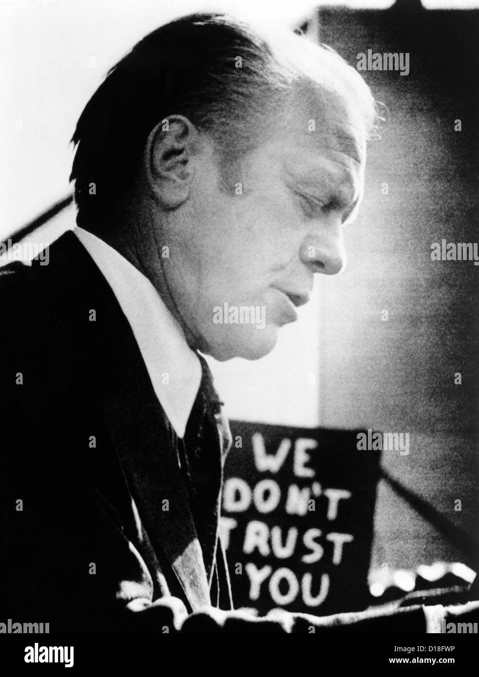 President Ford encounters an unfriendly sign, 'We Don't Trust You ...