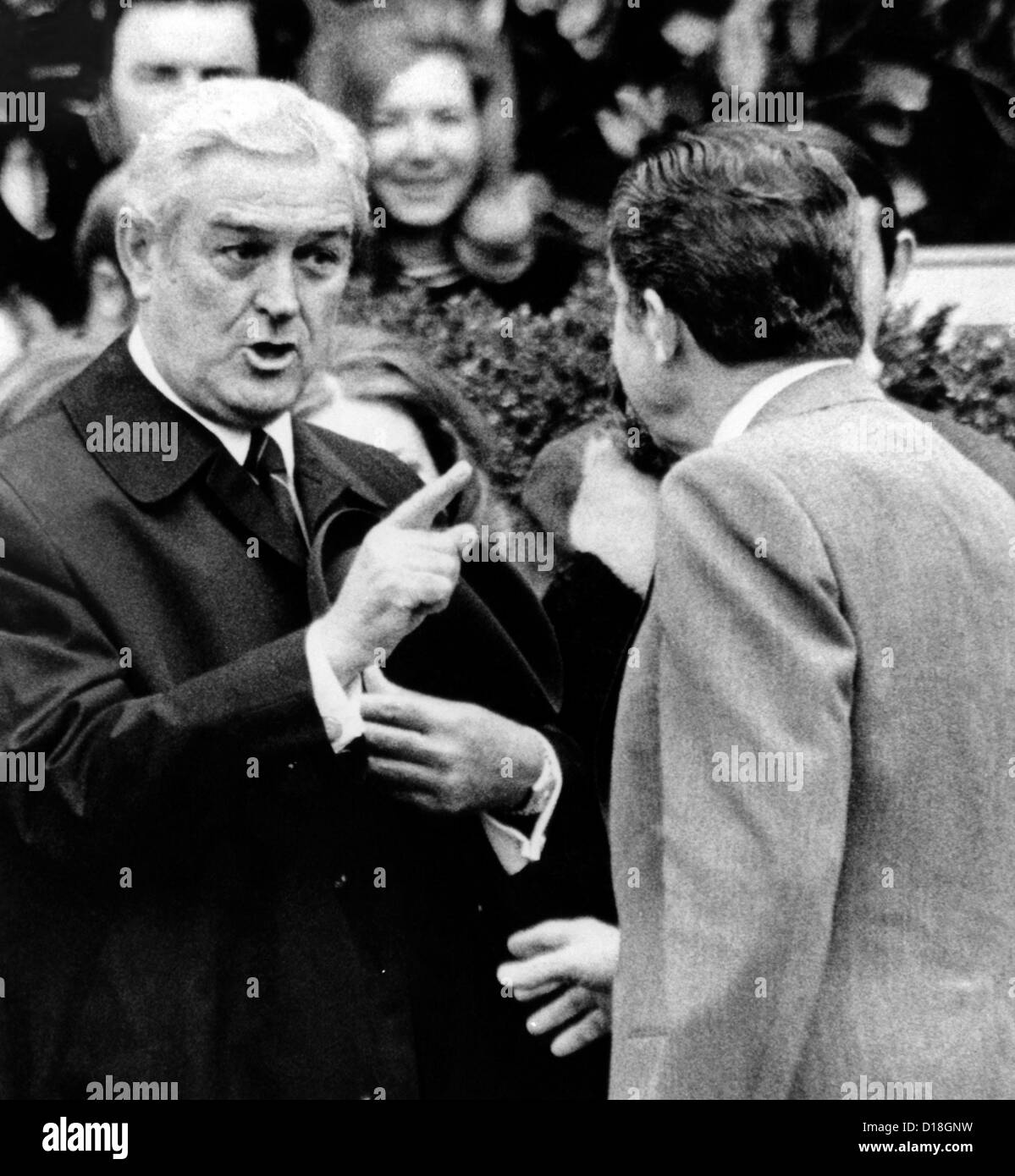 President Richard Nixon listens to an animated John Connally, Treasury Secy, as he embarks on his historic trip to China, Feb. Stock Photo