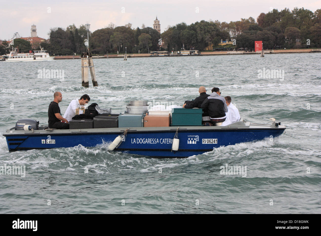 Catering service on the way to Isola di San Servolo. Stock Photo