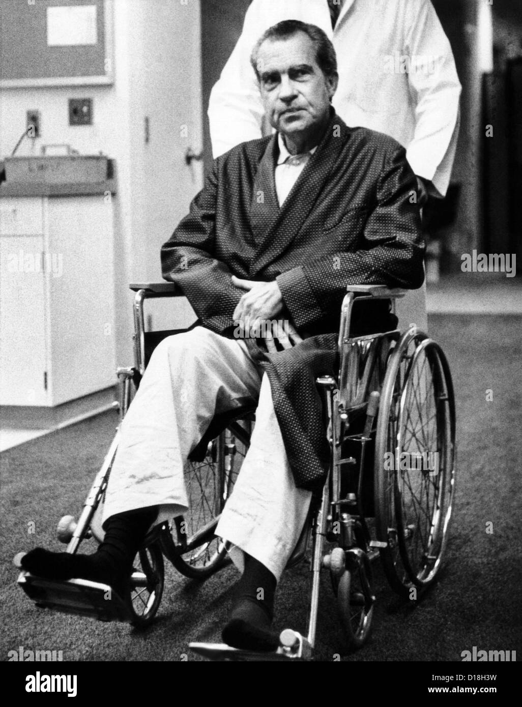 Former President Richard Nixon in wheelchair. He was at Long Beach Hospital being treated for a blood clot in the lung. Sept. Stock Photo
