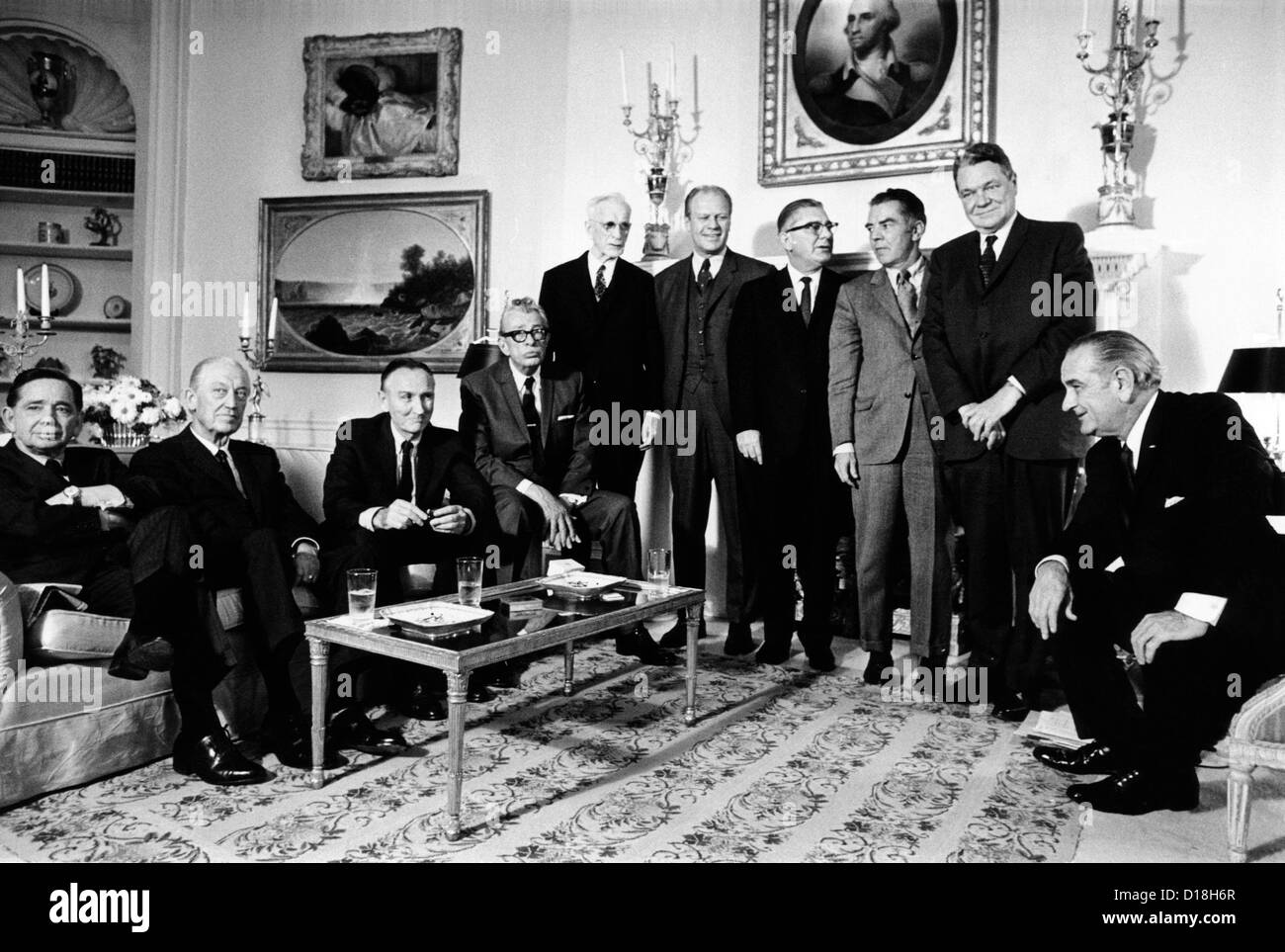 Soon to be succeeded by President-elect Richard Nixon, President Lyndon Johnson has a final meeting with Congressional leaders. Stock Photo