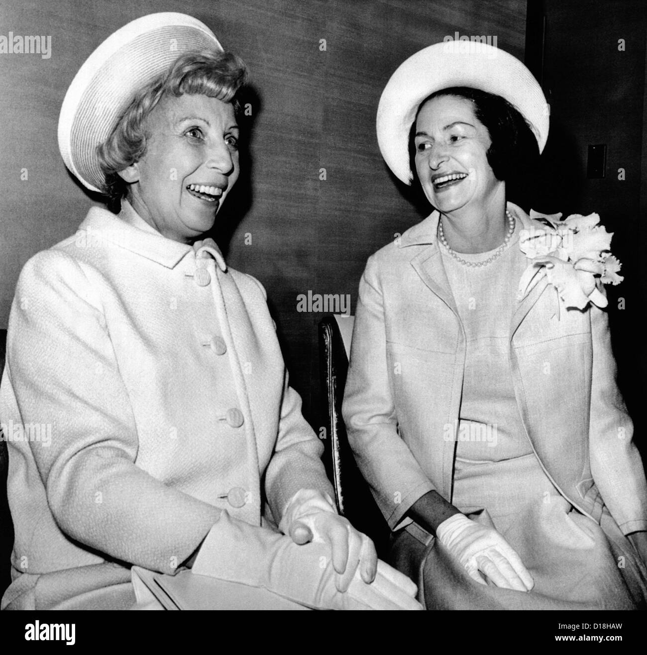 Lady Bird Johnson and Muriel Humphrey at the annual First Lady Breakfast of the Congressional Club. May 5, 1966. Stock Photo