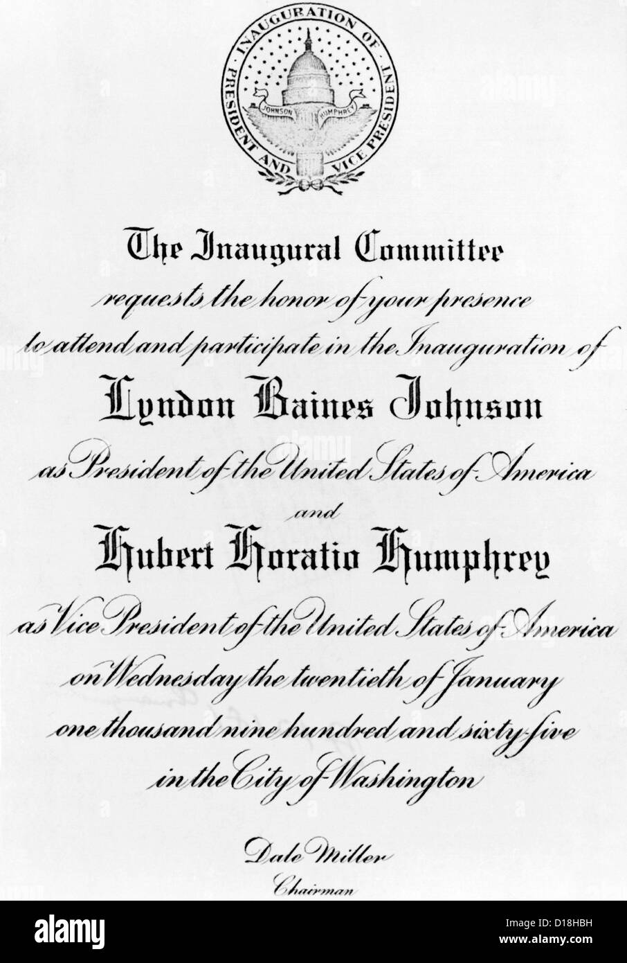 Invitation to the Inauguration of Lyndon Baines Johnson as President and Hubert Horatio Humphrey as Vice President. Jan. 20, Stock Photo