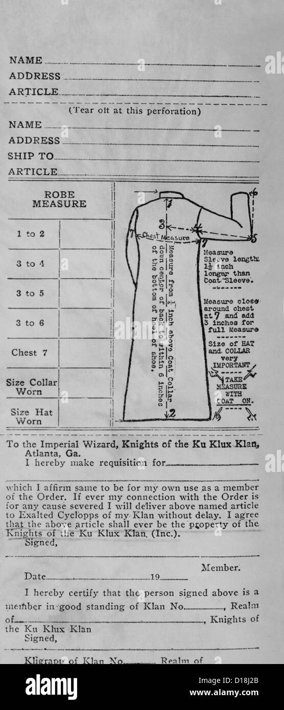 Order form for a $6.50 Ku Klux Klan uniform. It is addressed to Imperial Wizard Simmons and contains the stipulation that the Stock Photo