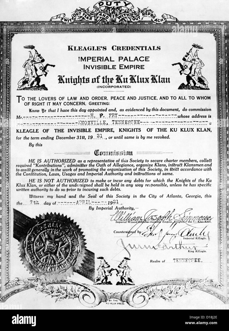 A certificate of membership and position within the KKK, in Illinois, April 20, 1921. (CSU ALPHA 1190) CSU Archives/Everett Stock Photo