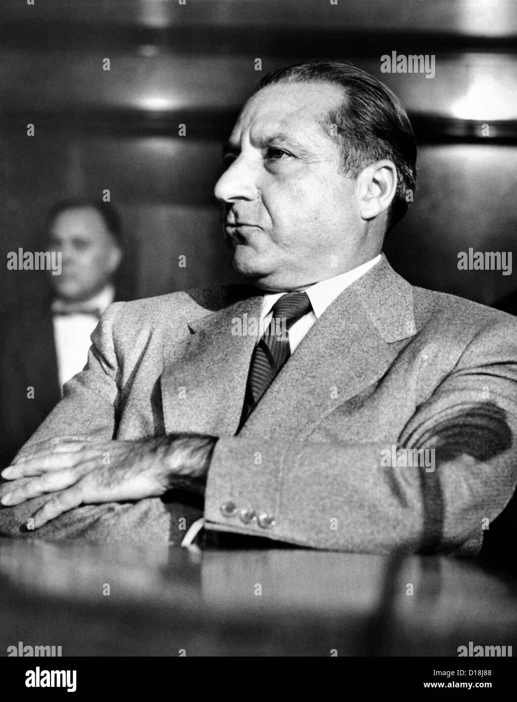 Mob boss, Frank Costello, refusing to testify to the Senate Crime Investigating Committee. He claimed he did not feel well Stock Photo
