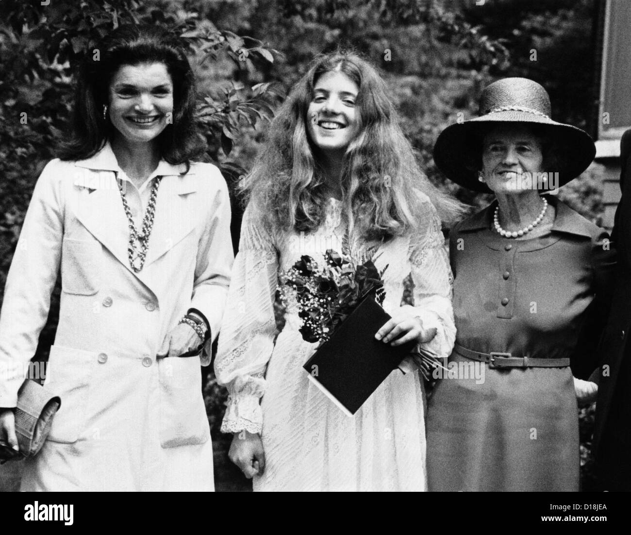 Caroline Kennedy, graduates from Concord Academy. With her are her mother, Jacqueline Kennedy Onassis, and paternal Stock Photo