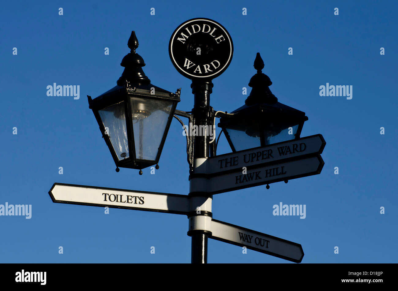 Old converted gas lamps and signpost in Edinburgh Castle, Scotland