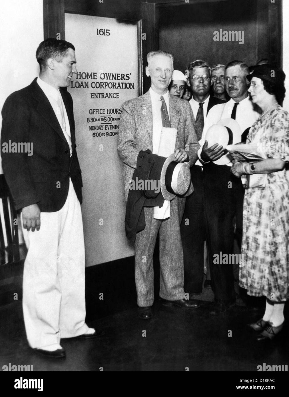 First Federal Home Owners Loan Corporation office (HOLC) opens. HOLC was a New Deal agency established in 1933 under President Stock Photo