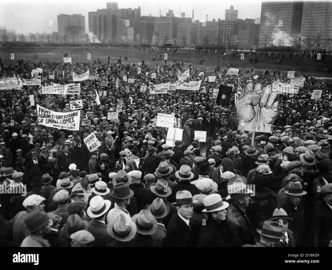 20,000 unemployed demonstrate in Chicago's Grant Park. Protest signs
