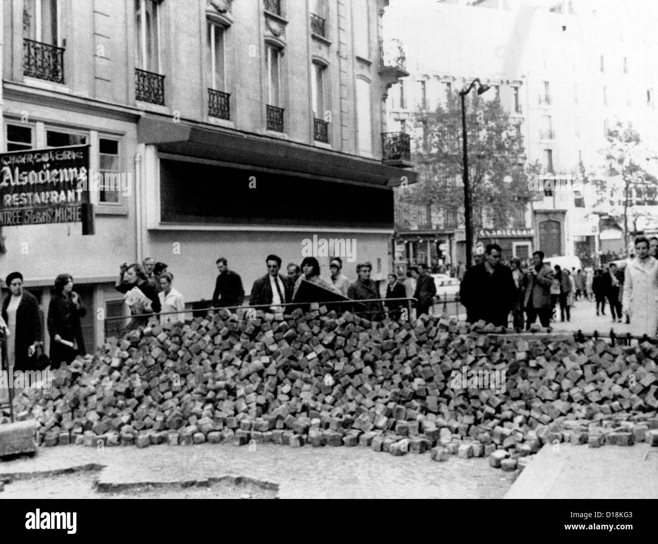 Stone barricade in Paris' Latin Quarter during the May 1968 general strike and demonstrations in Paris. May 26, 1968. Stock Photo