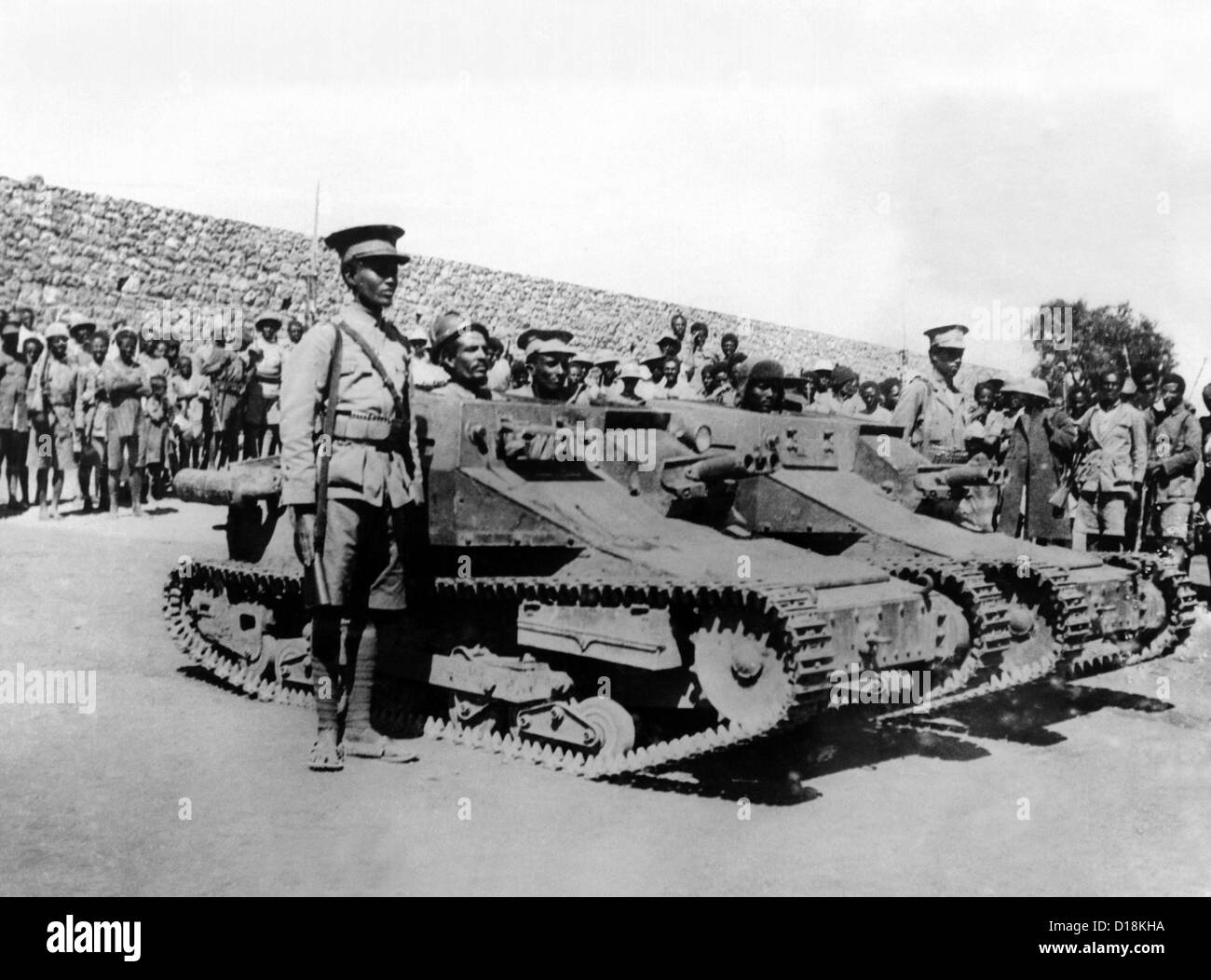Second Italo-Ethiopian War. Ethiopian soldiers in captured Italian tanks at an encampment near Jijiga, in the south, where Stock Photo