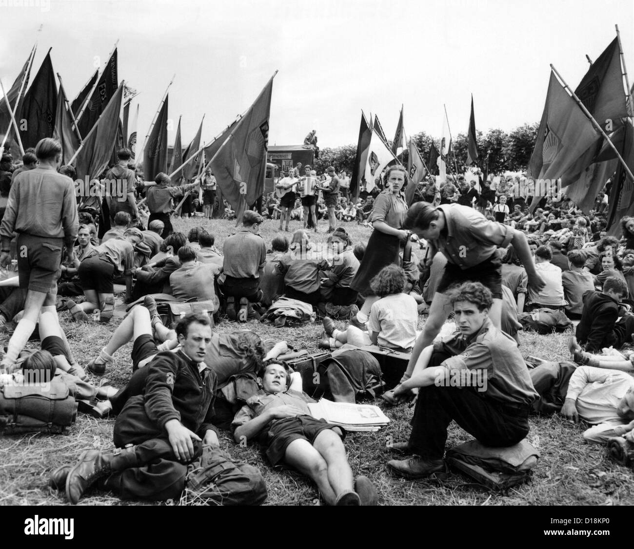 Communist youth group of 500 protesting recent French defensive military activity in the near Ruedesheim, West Germany. July 2, Stock Photo