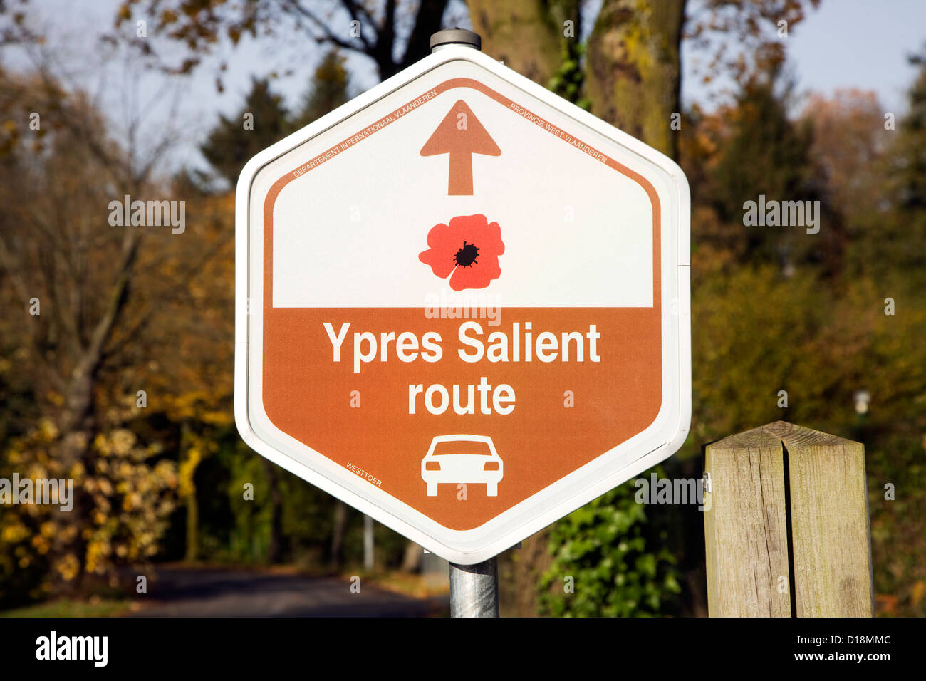 Signpost of the Ypres Salient route along World War One sites near Ieper, West Flanders, Belgium Stock Photo