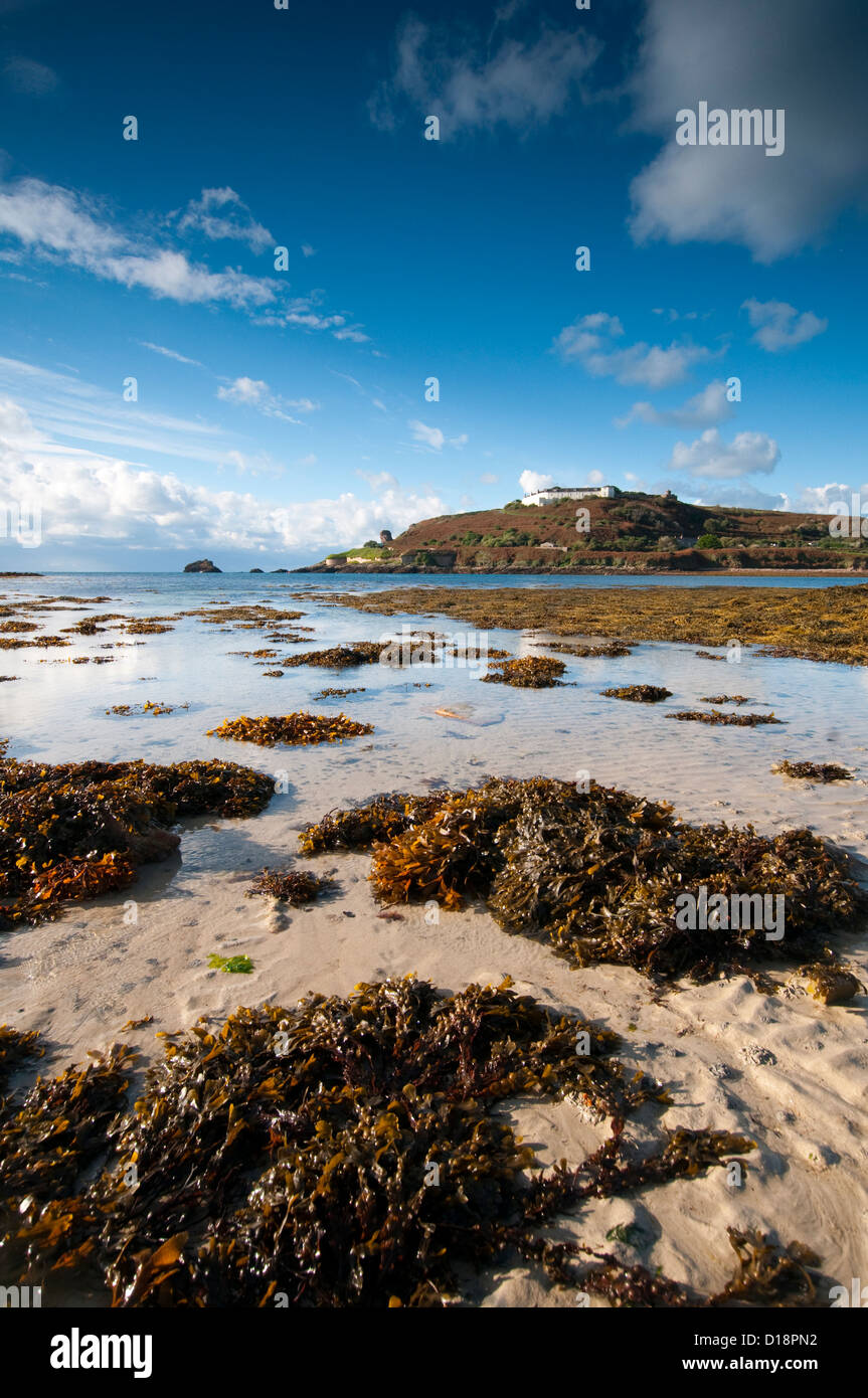Longis Beach and Essex Castle on Alderney, Channel Islands Stock Photo