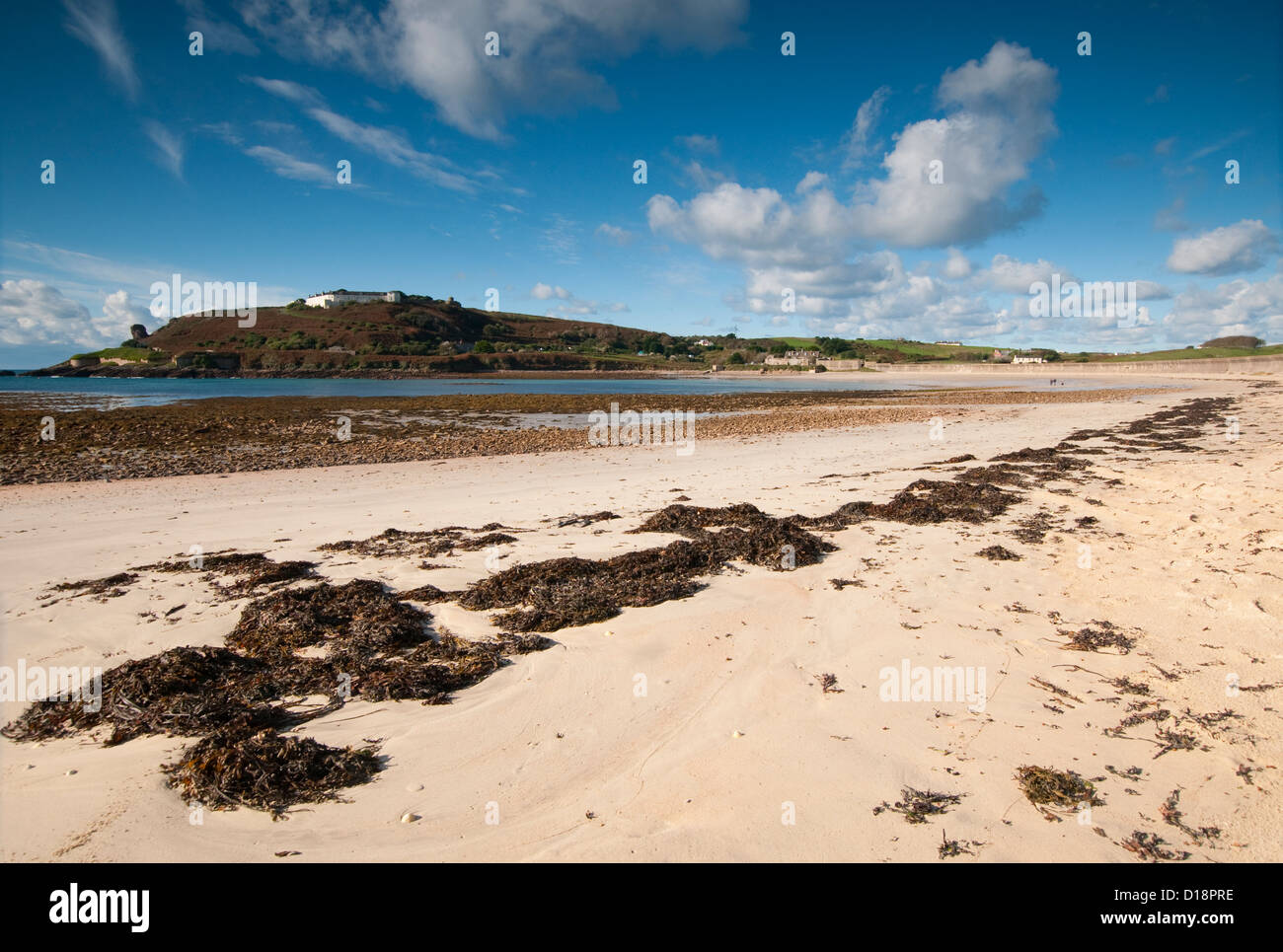 Essex Castle and Longis Beach on Alderney, Channel Islands Stock Photo