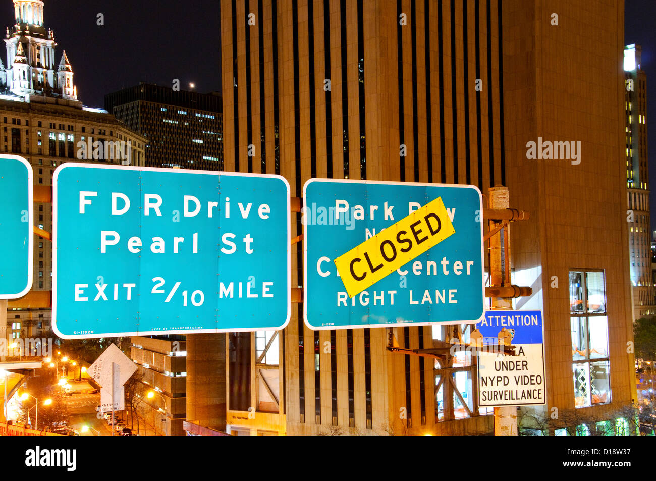 Road Signs on the Brooklyn Bridge, New York City, USA Stock Photo