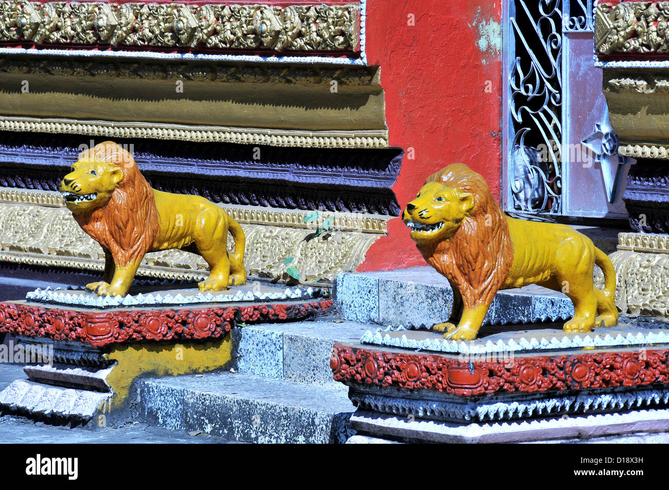 lions guards, Wat Si Muang temple, Vientiane, Laos Stock Photo
