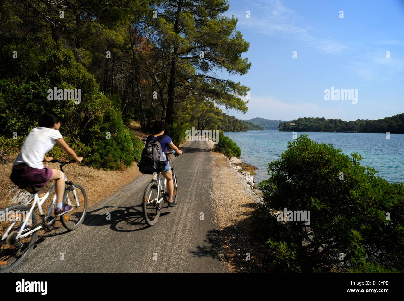 Croatia, Dalmatia, Mljet National Park, Mljet island, Veliko Jezero lake, cycling Stock Photo