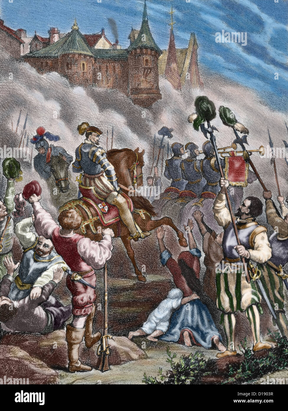 The Portuguese succession crisis of 1580. The fall of Lisbon leaded by the 3rd Duke of Alba. Colored engraving. Stock Photo