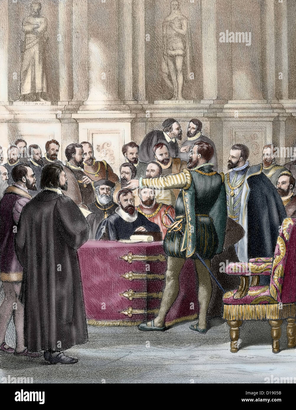The Diet of Worms, 1521. The Emperor Charles V presiding. Colored engraving. Stock Photo