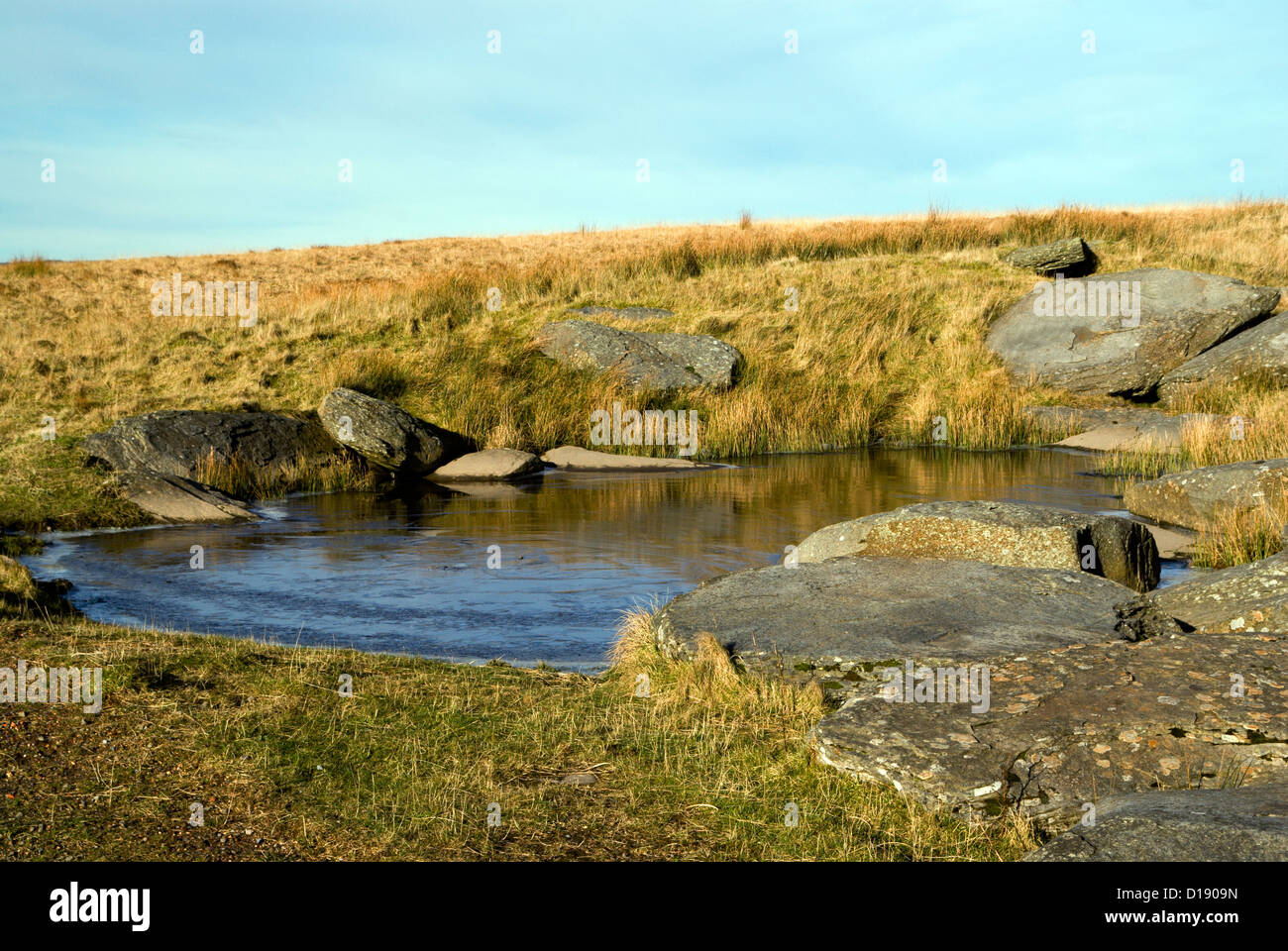 frozen pond on hill above the rhondda valley south wales uk Stock Photo