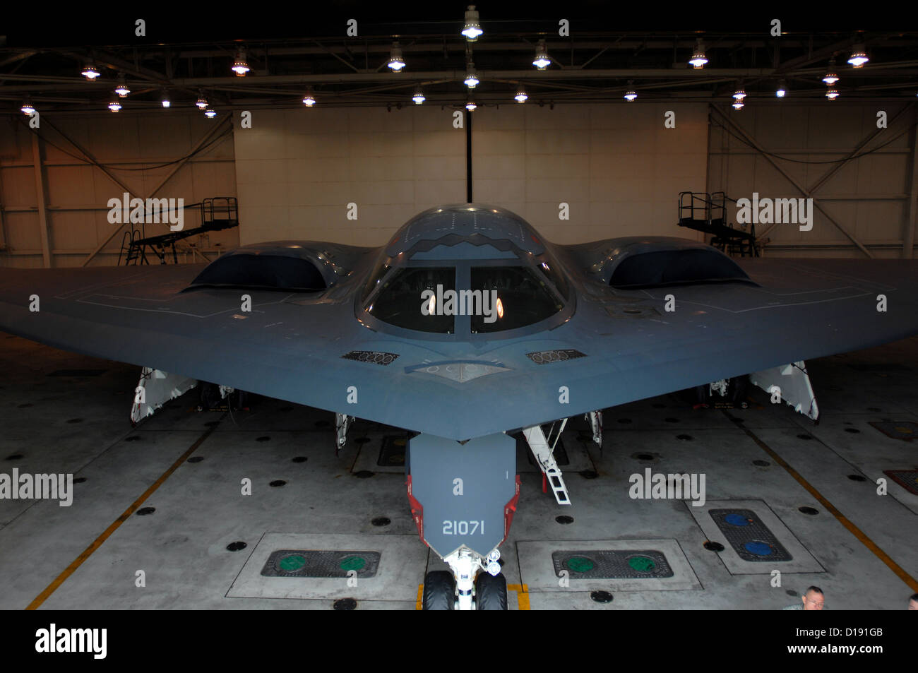 A B2 Spirit stealth bomber in the maintenance hanger at Whiteman Air