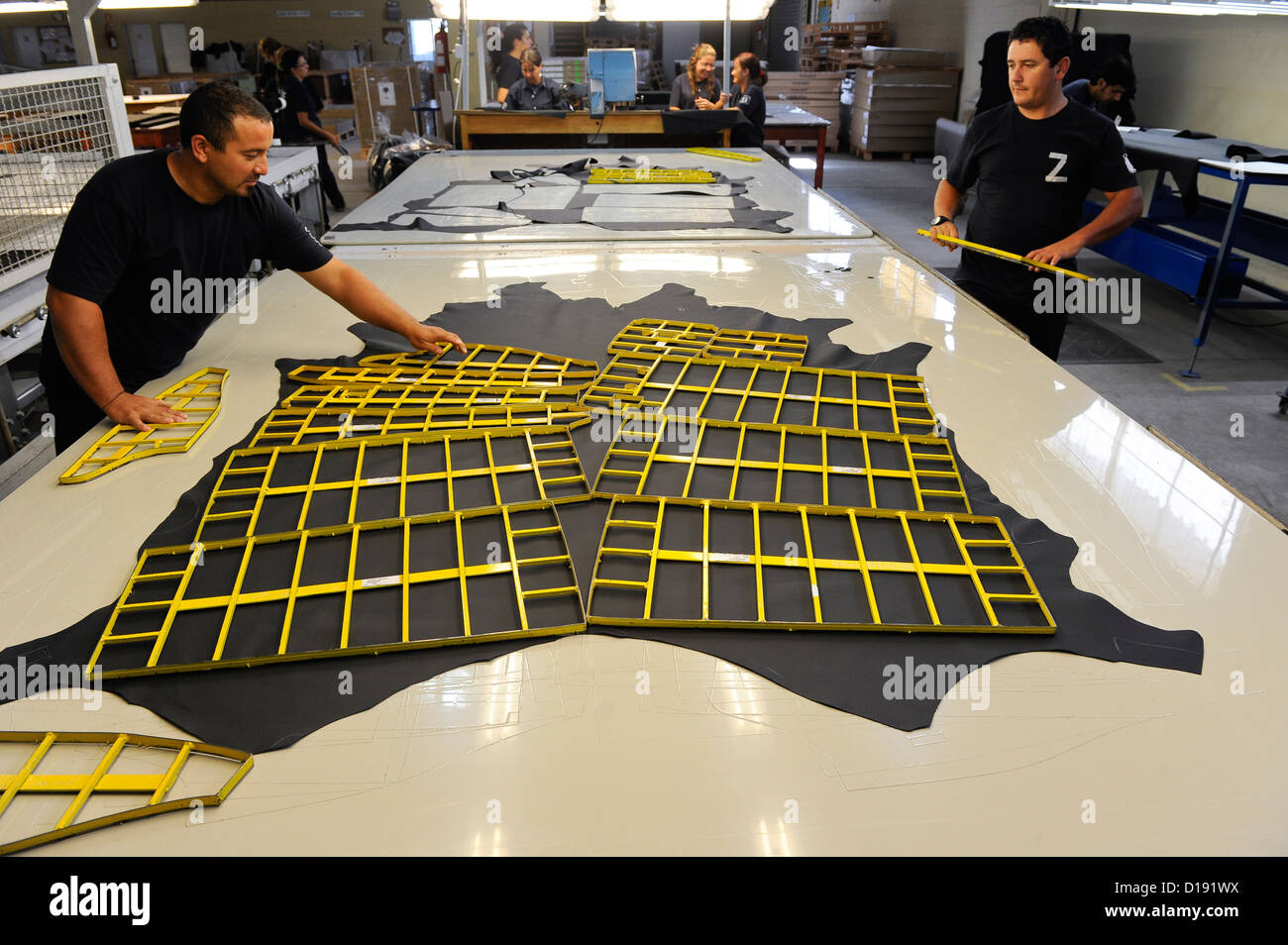 URUGUAY San Jose, tannery Bader production of leather from cow skin for car seats of BMW and other car brands, cutting section Stock Photo