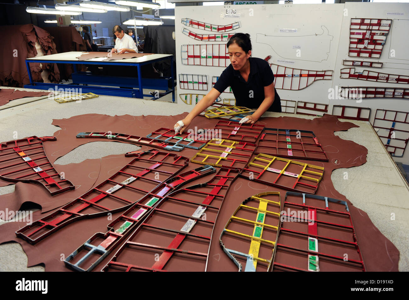 URUGUAY San Jose, tannery Bader production of leather from cow skin for car seats of BMW and other car brands, cutting section Stock Photo