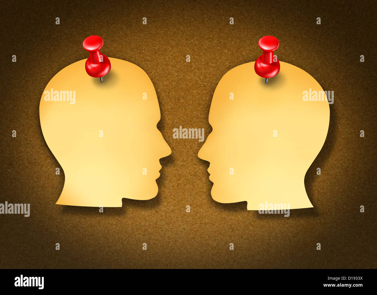 Communication Network strategy with two blank yellow office notes and red thumb tacks in the shape of human heads face to face in a social exchange of information on white. Stock Photo