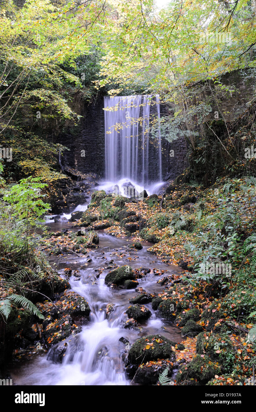Pont Felin Gat Waterfall  in autumn National Botanic Garden of Wales Llanarthney Carmarthenshire Wales Cymru UK GB Stock Photo