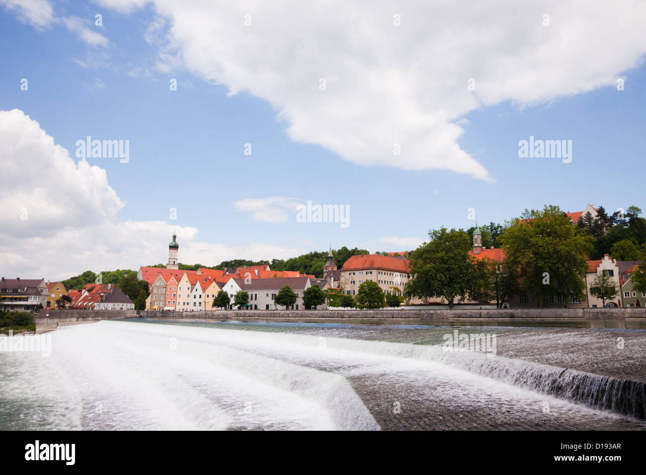 Landsberg am Lech, Bavaria, Germany, Europe. View across the weir in the River Lech to medieval town on the Romantic Route road Stock Photo
