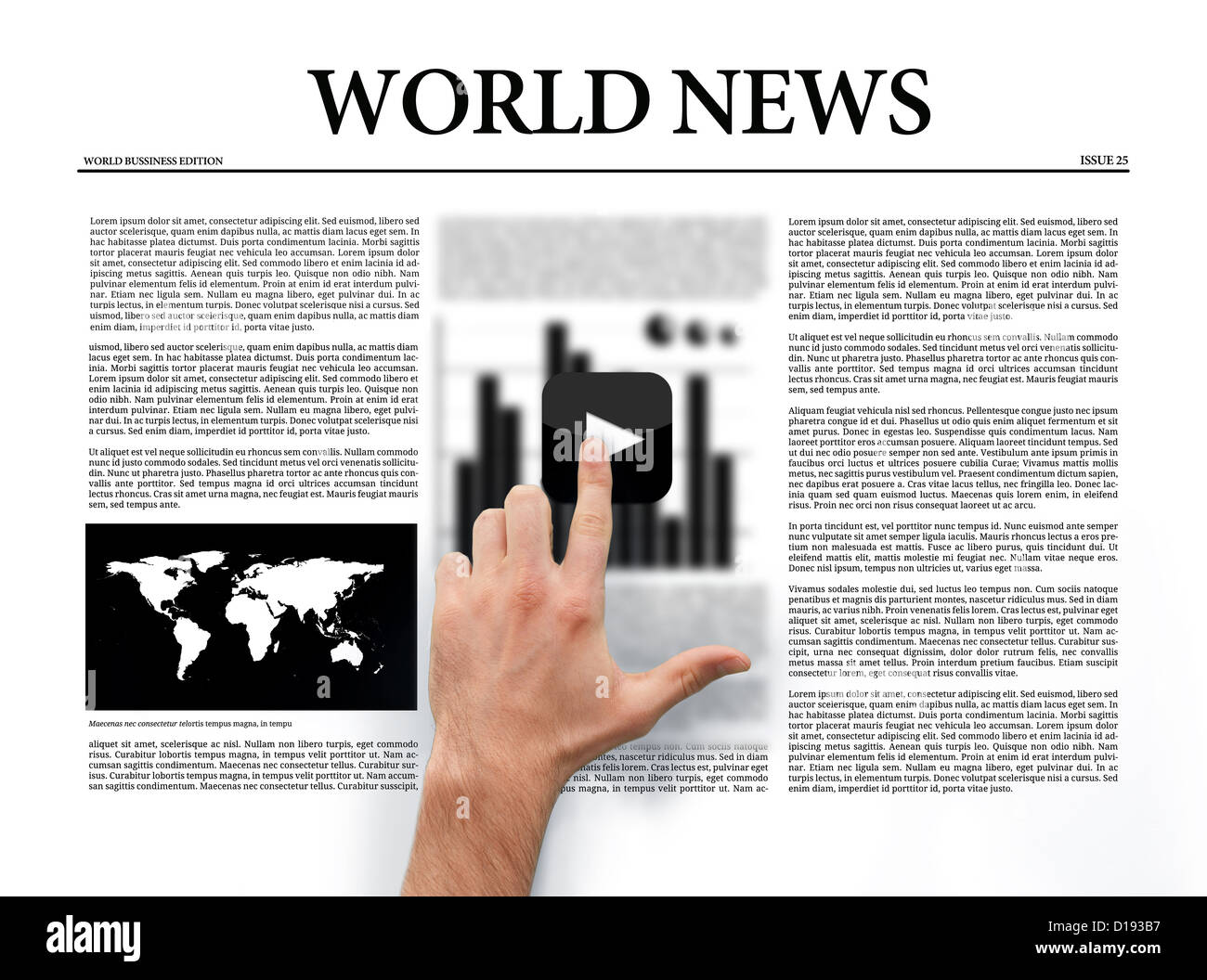 Hand pressing play button on digital newspaper Stock Photo