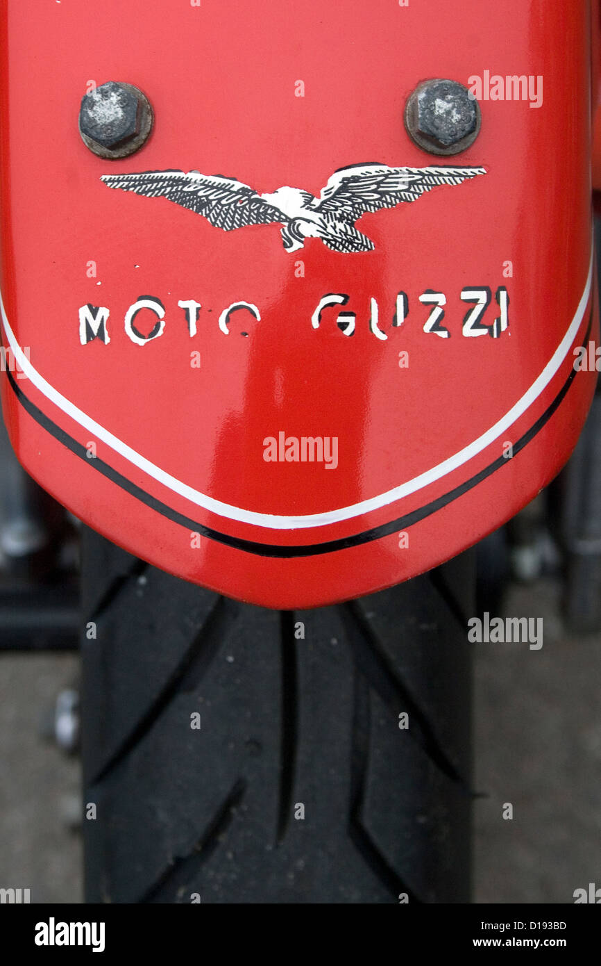 The red fender of a classic Moto Guzzi motorbike. Stock Photo