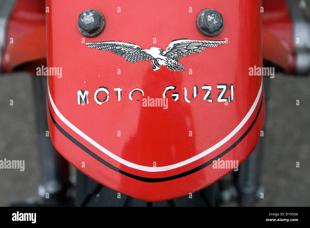The red fender of a classic Moto Guzzi motorbike. Stock Photo