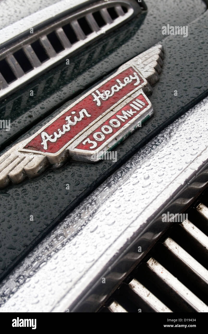 The front grill and badge of an Austin Healey 300 mk3 car at a car show. Stock Photo