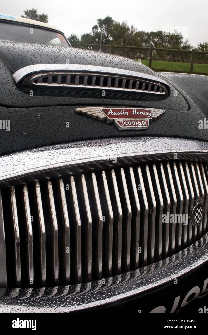 The front grill and badge of an Austin Healey 300 mk3 car at a car show. Stock Photo