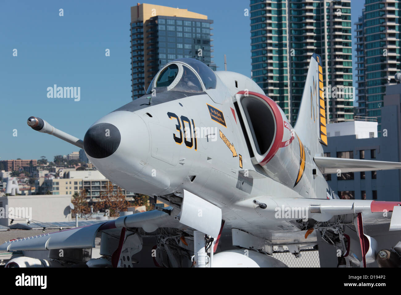 A4 Skyhawk jet fighter aboard the USS Midway in San Diego, California. Stock Photo