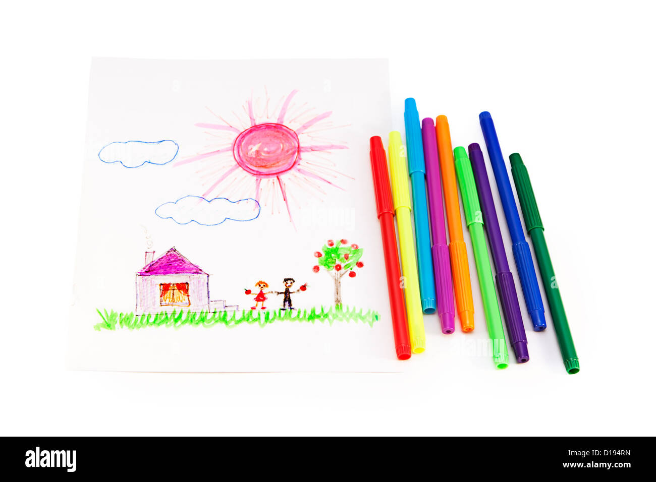Childish picture on sheet of paper and color felt-tip pen isolated on white background Stock Photo