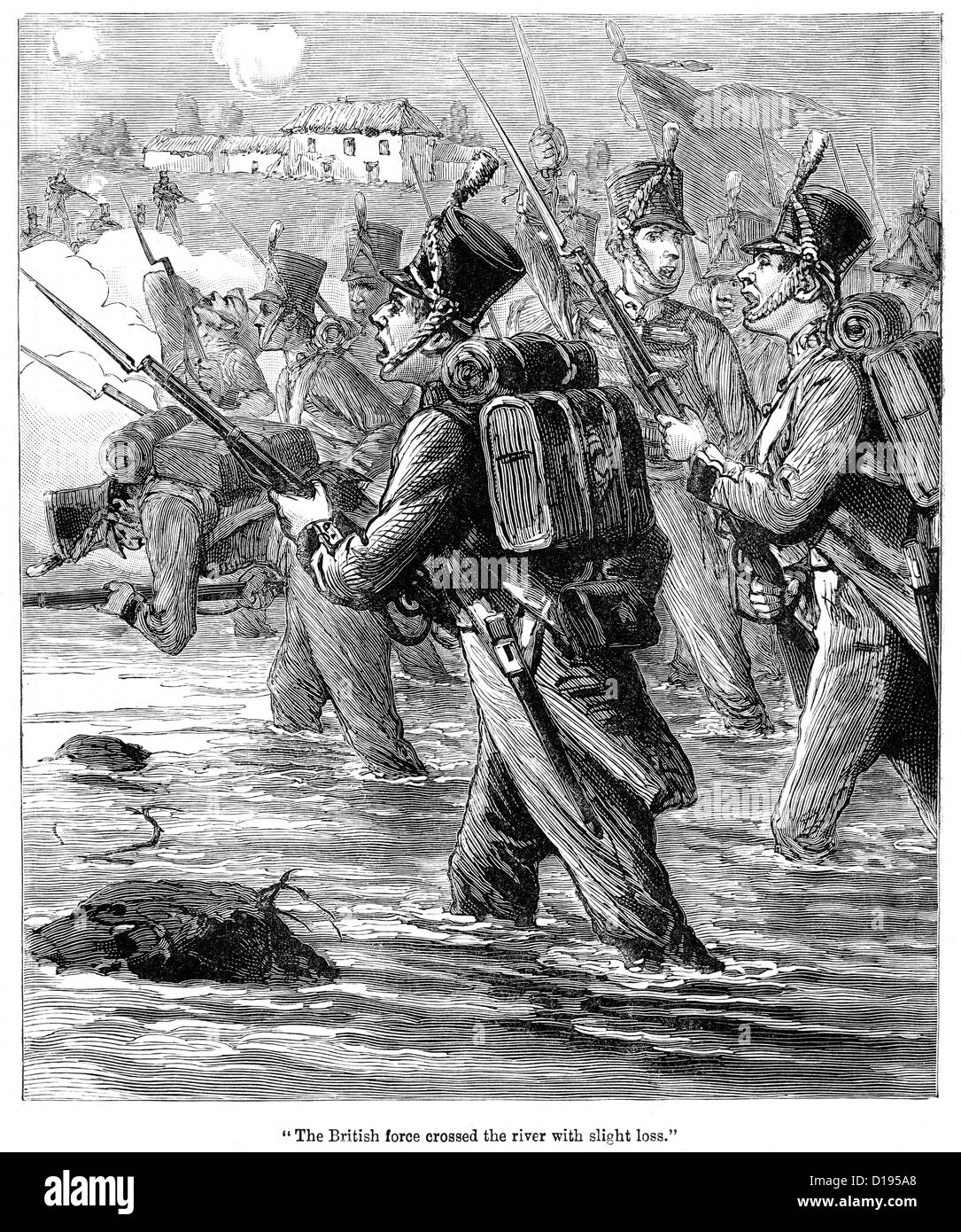 Victorian engraving of British soldiers from the Napoleonic era fighting their way across a river Stock Photo