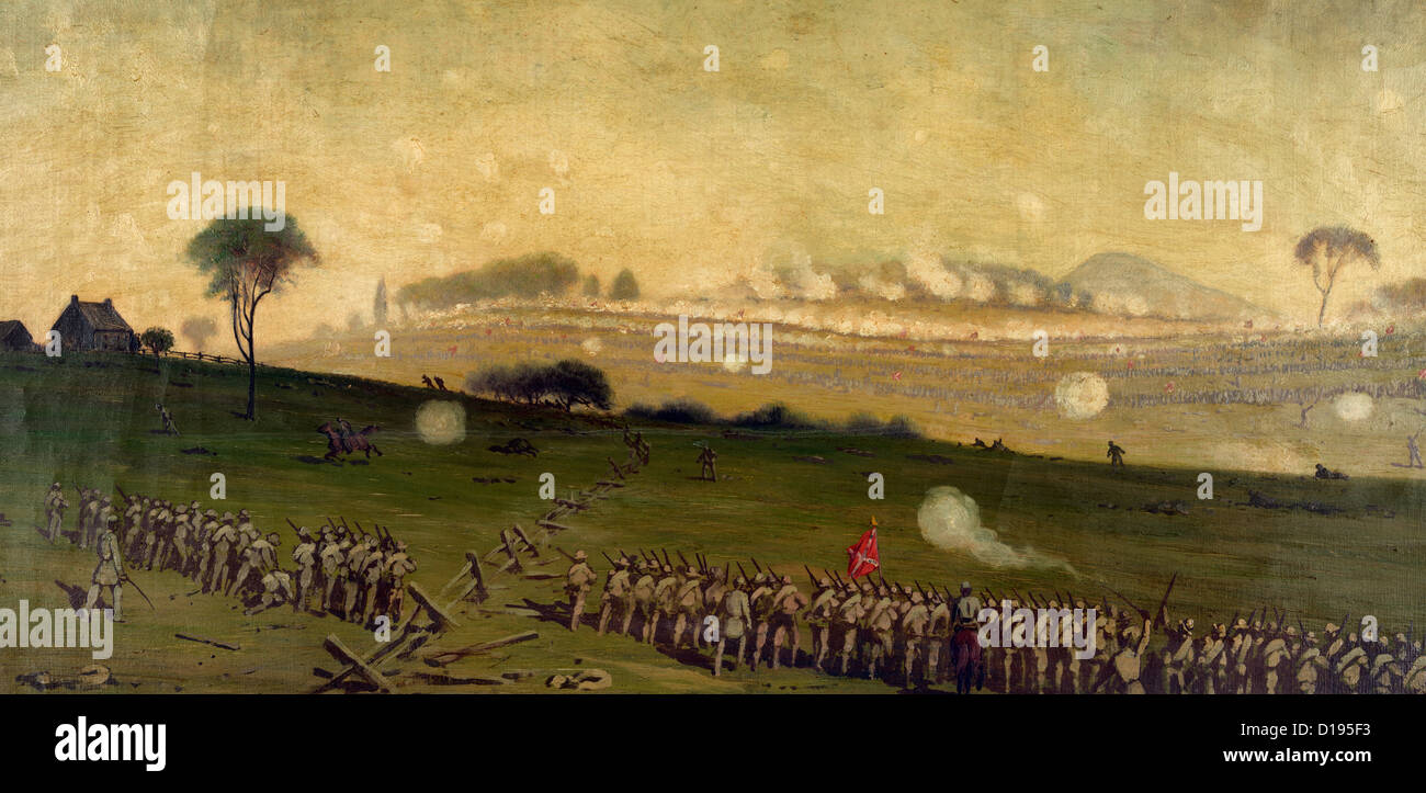 Picketts charge on the Union center at the grove of trees about 3 PM, Battle of Gettysburg, USA Civil War, July 1863 Stock Photo