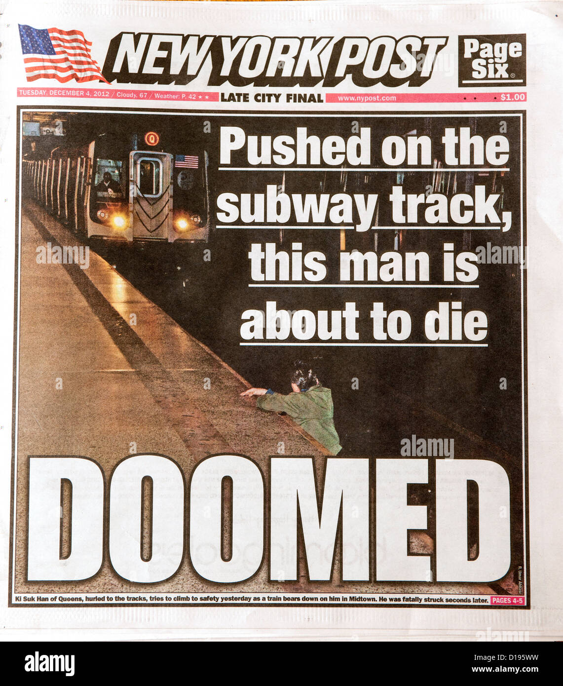 The New York Post cover shows a photograph of Ki Suk Han just prior to being run over by a Q train Stock Photo